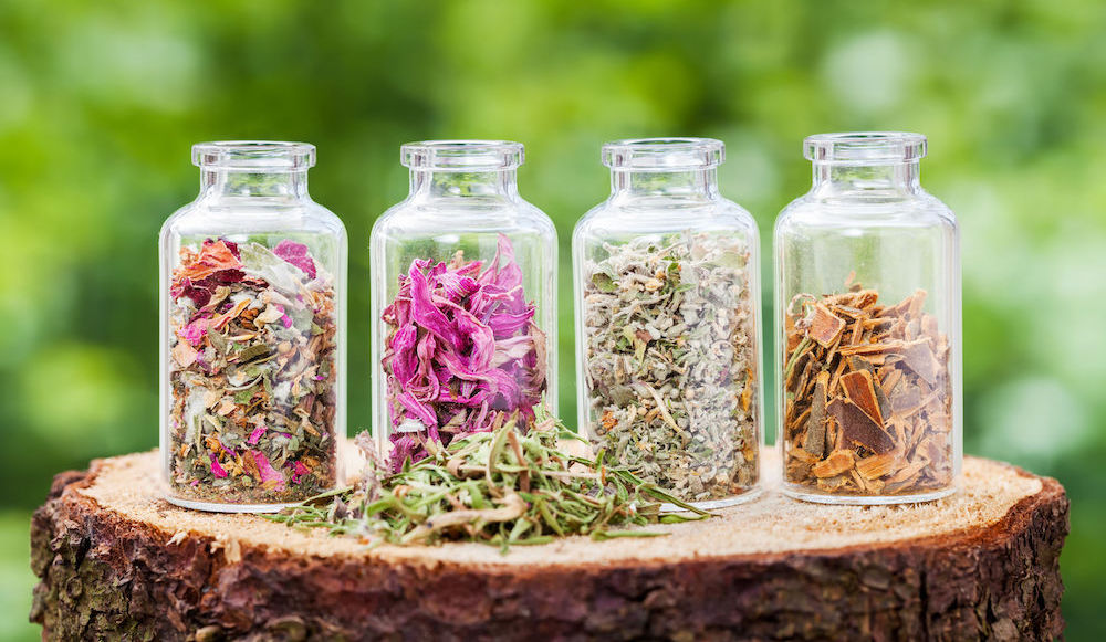 Dried herbs in glass bottles on a tree stump with blurred greenery in the background.